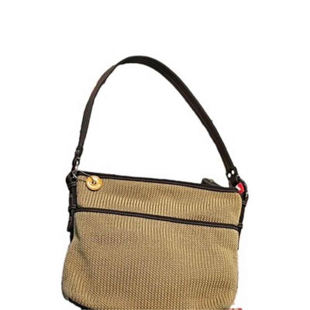 The Sak Beige Shoulder Bag Brown Strap Zip Closure Lined Pockets Charm 11 x 9